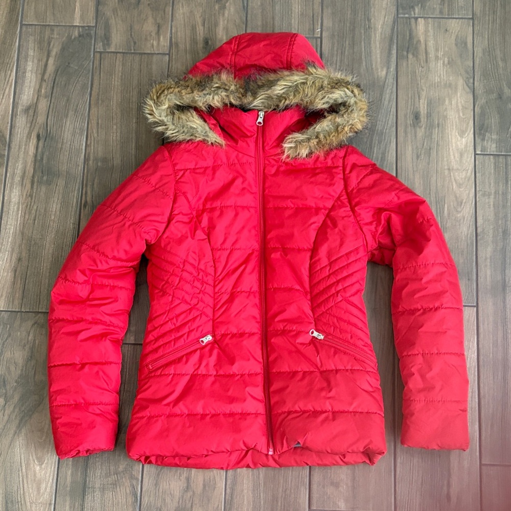 Red Quilted Hooded Puffer Jacket with Faux Fur Trim